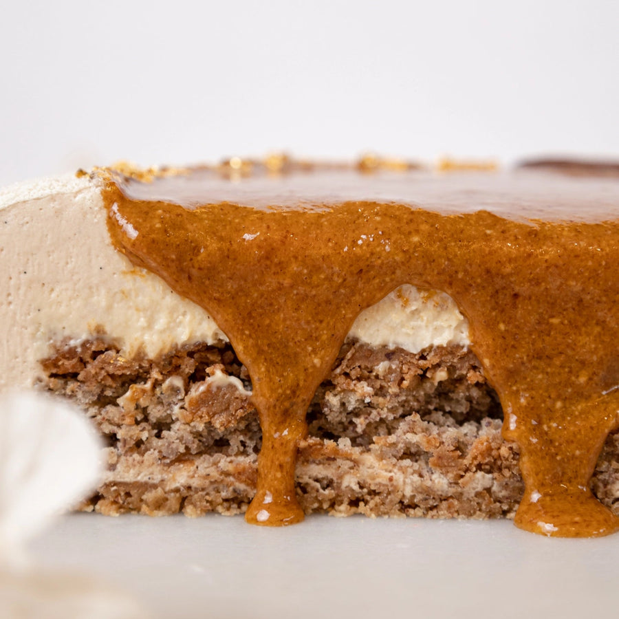 Close-up of a layered dessert with caramel sauce on a white background